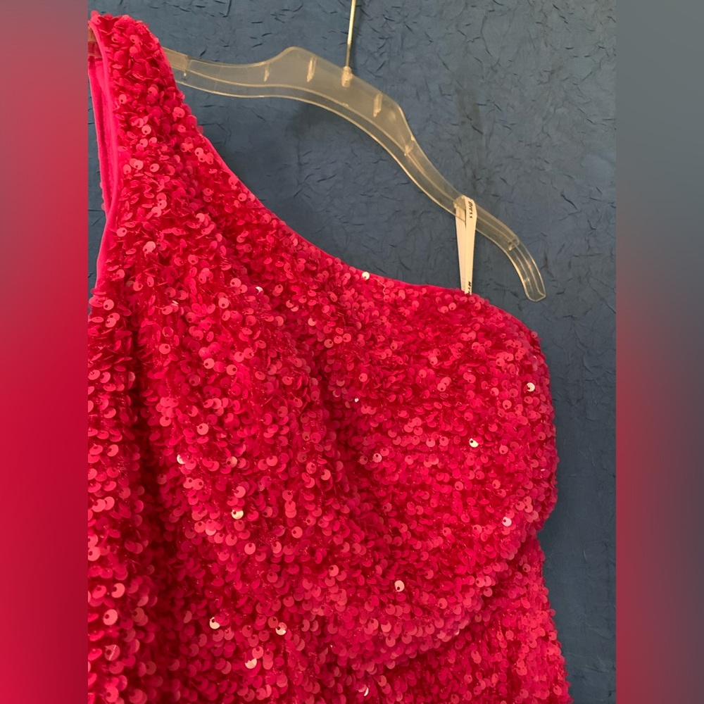 OneShoulder Column Sequin Gown Train Fuchsia Magenta Hot Pink Statement - Picture 10 of 15